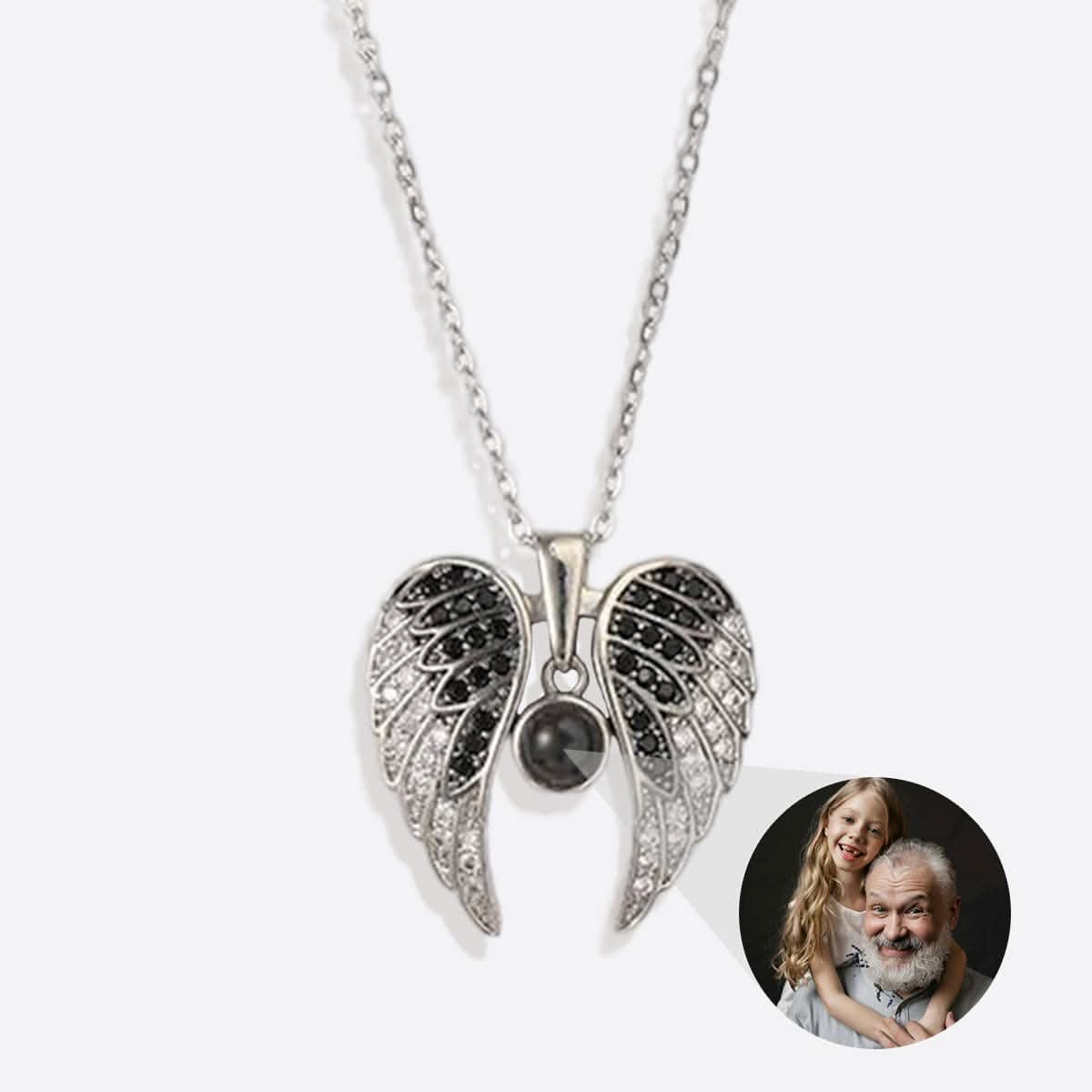 Collana con foto commemorativa con ali d'angelo scintillanti