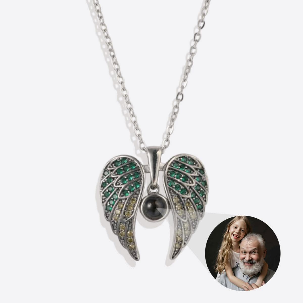 Collana con foto commemorativa con ali d'angelo scintillanti
