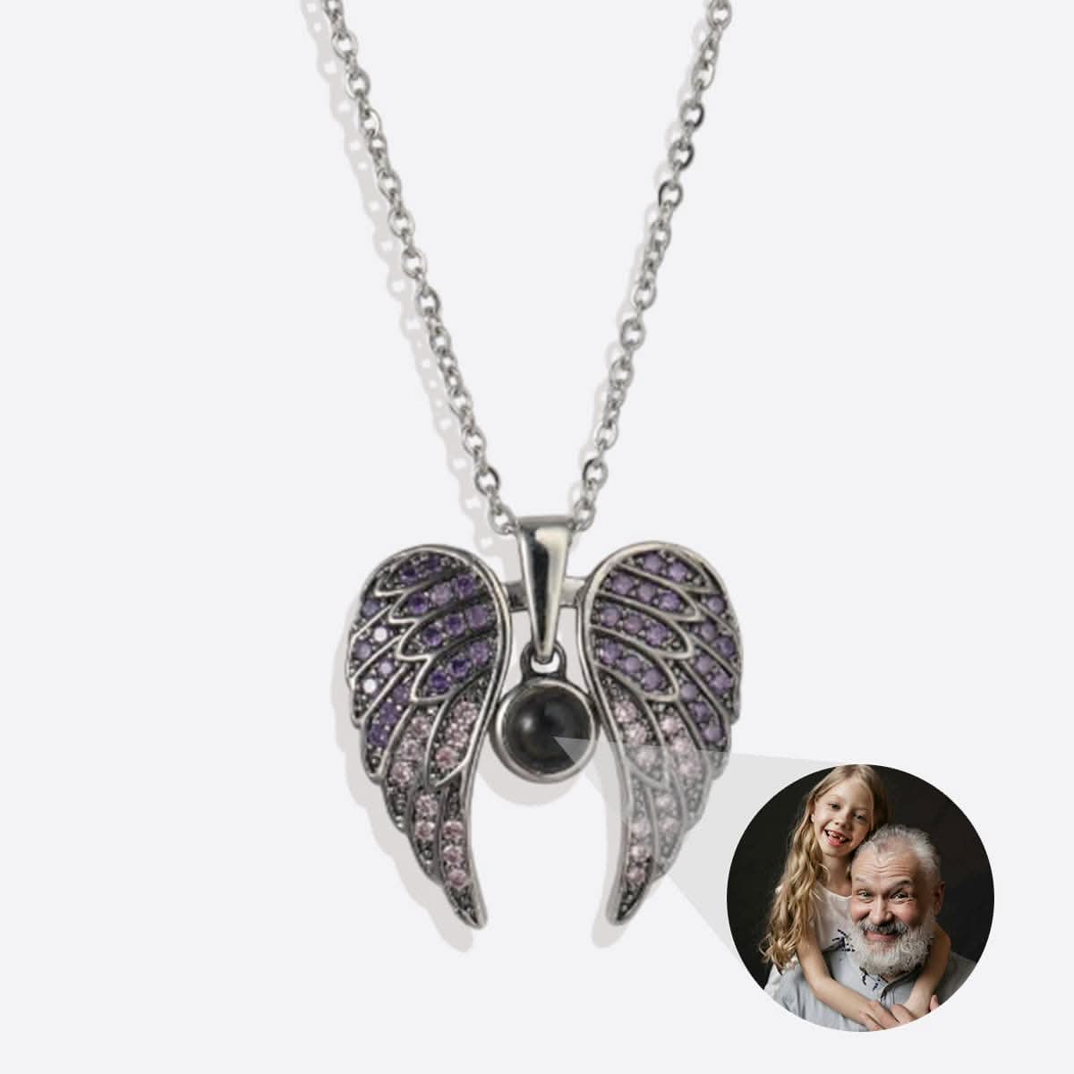 Collana con foto commemorativa con ali d'angelo scintillanti