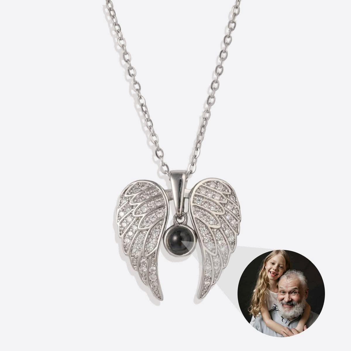 Collana con foto commemorativa con ali d'angelo scintillanti